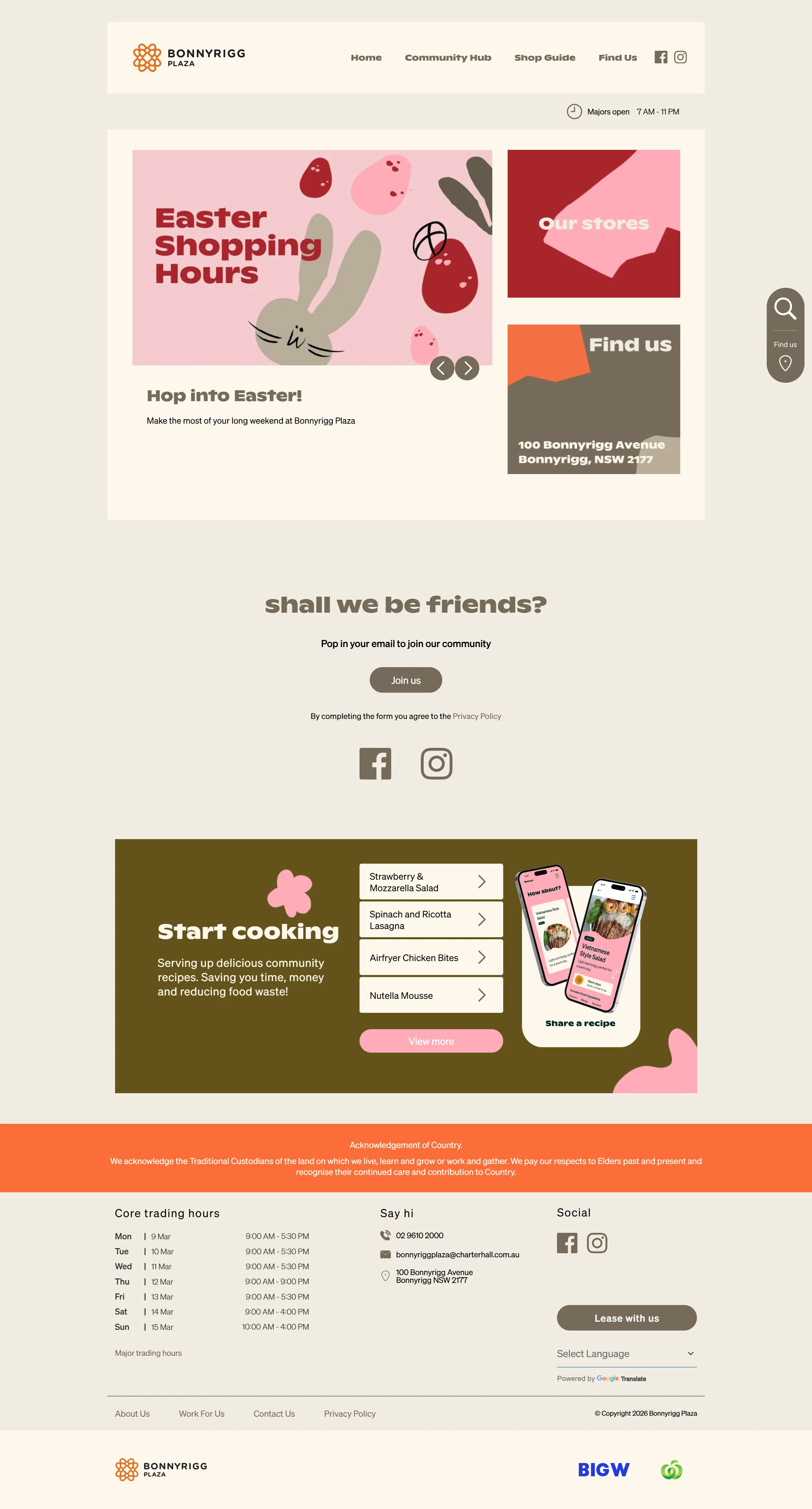 Bonnyrigg Plaza website homepage showing basic layout with Easter promotions and community recipes section
