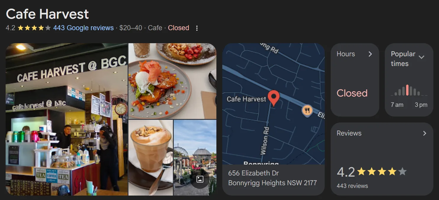 Cafe Harvest Google Maps profile showing 4.2 stars and 443 reviews