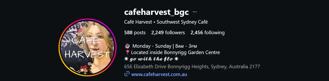 Cafe Harvest Instagram profile showing 588 posts and 2,249 followers