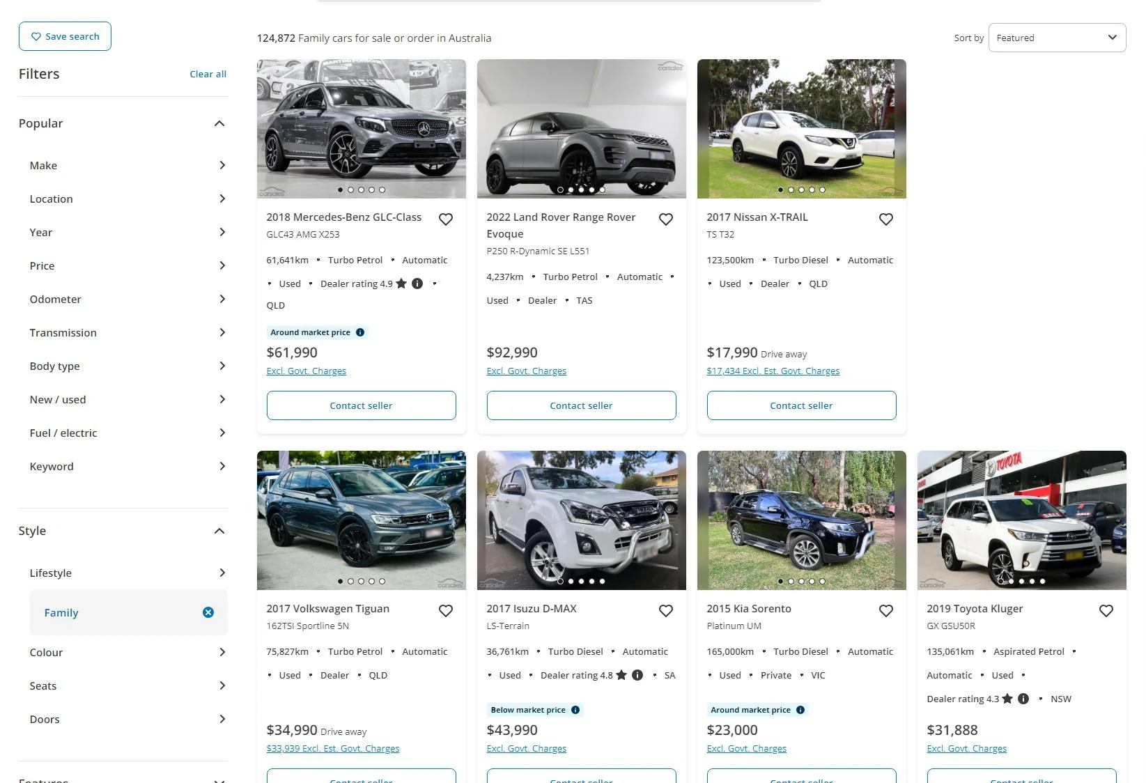 Carsales website interface showing extensive filters and paid features