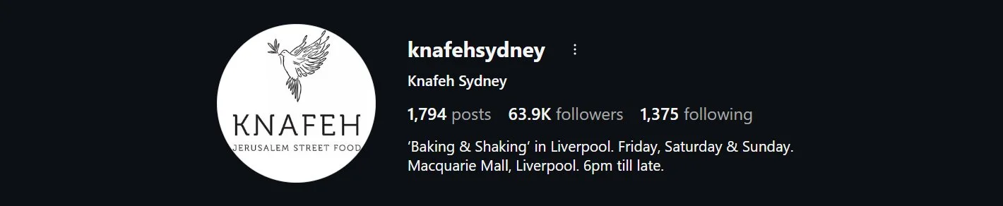 Knafeh Sydney Instagram profile showing their location announcement strategy