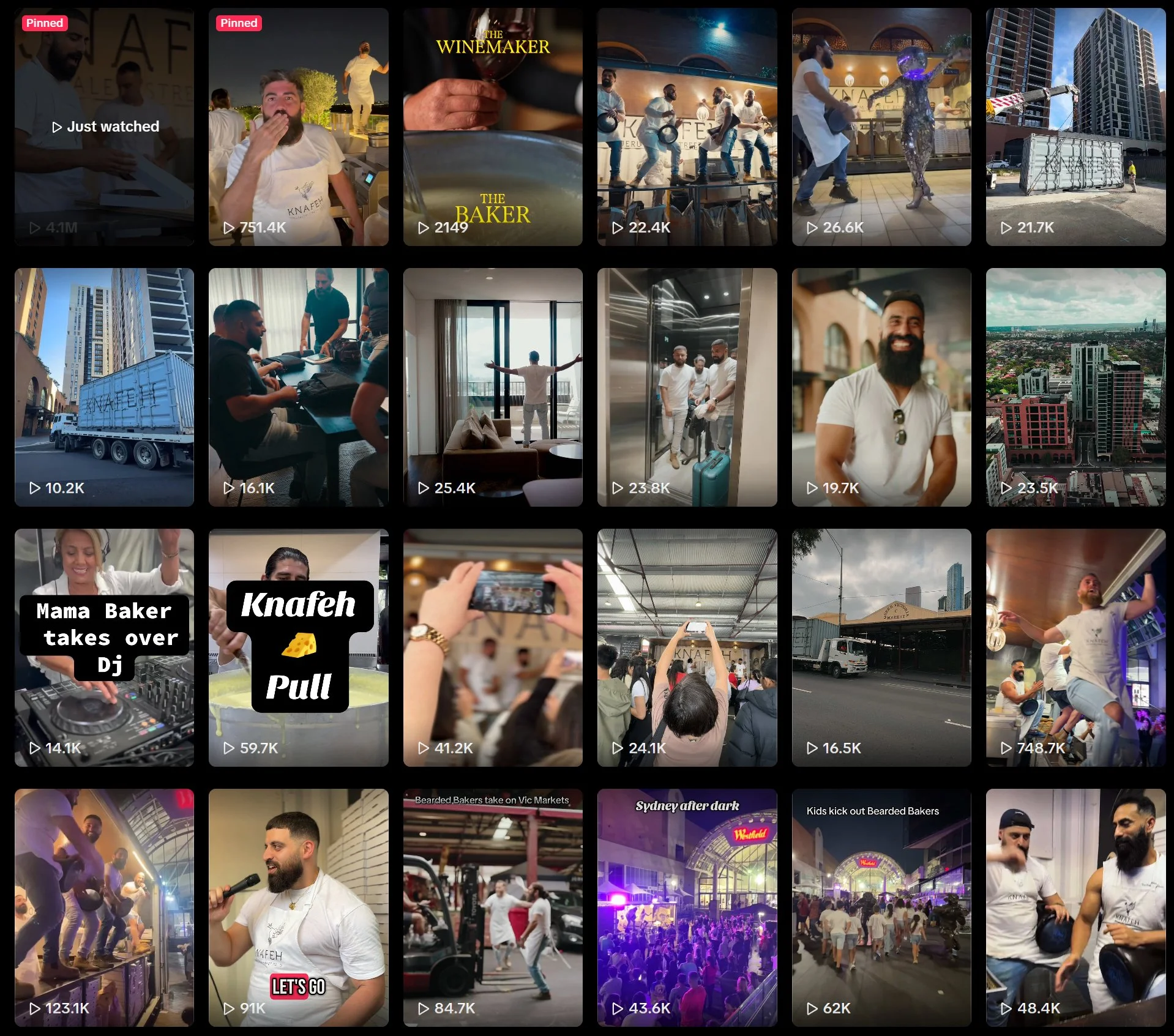TikTok video grid showing The Bearded Bakers' content - dancing, performing, cooking