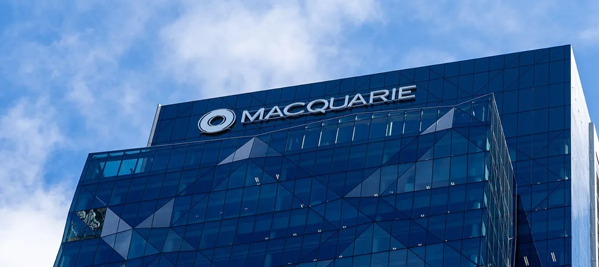 Macquarie Bank headquarters building in Sydney CBD with distinctive blue glass facade