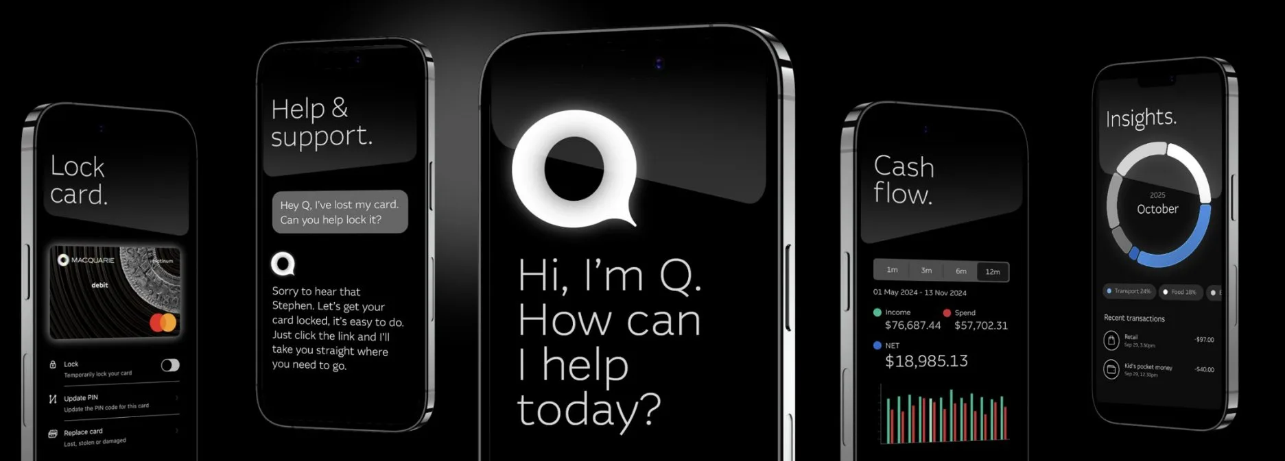 Macquarie Q AI agent mobile interface showing card lock, help and support, cash flow and insights features
