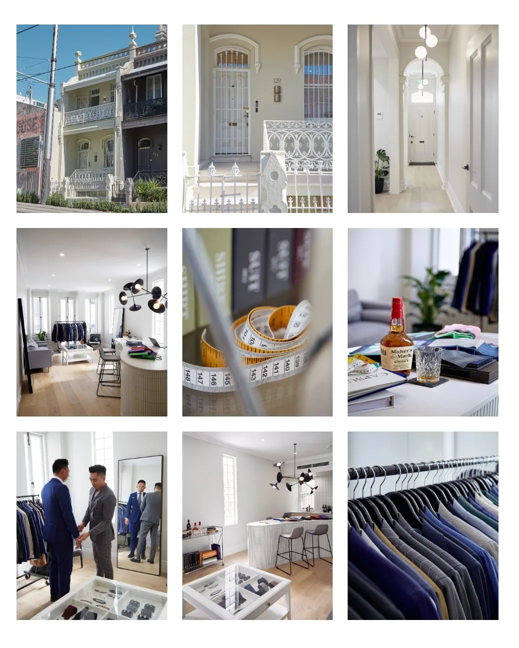 Theodore Surry Hills studio featuring heritage terrace, fitting rooms, fabric samples, and Maker's Mark whiskey for clients