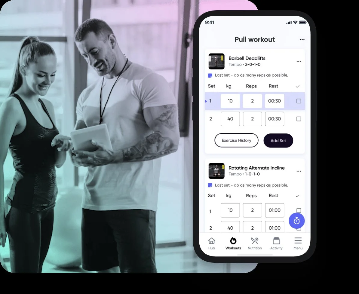 My PT Hub personal training app interface showing workout programming