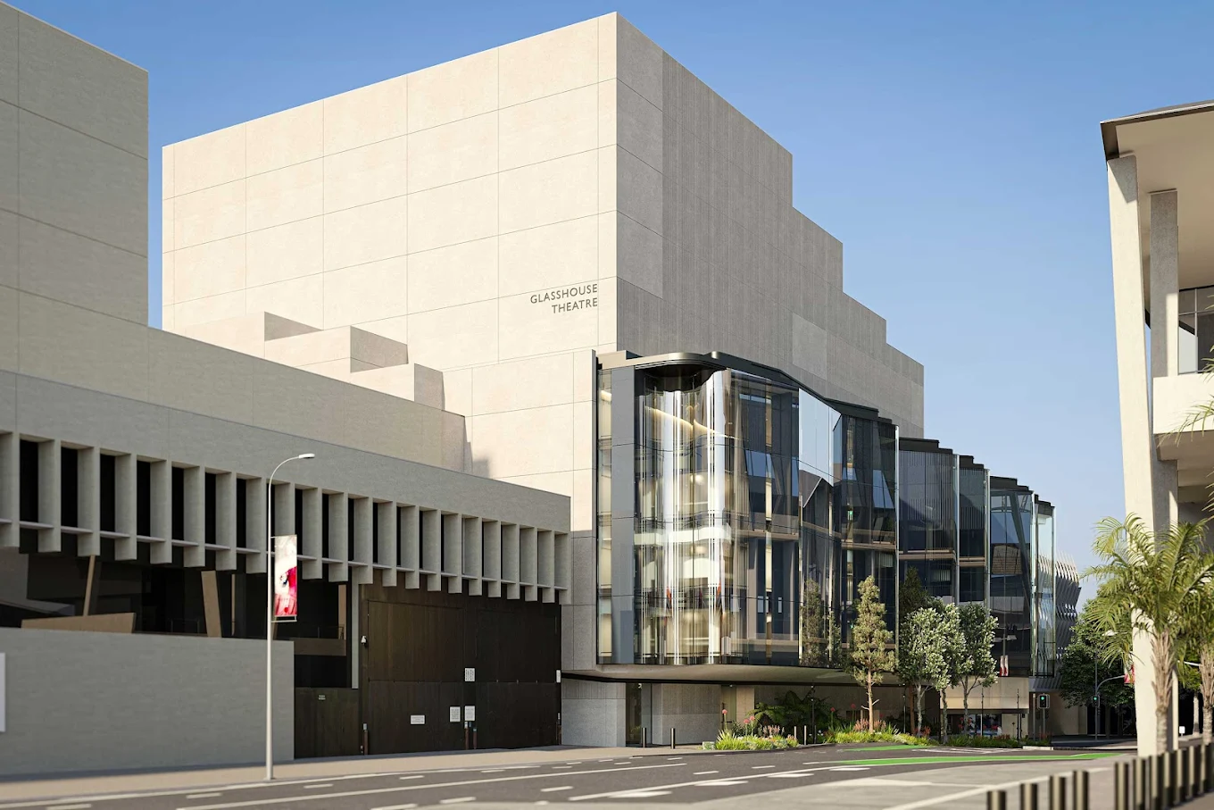 Glasshouse Theatre exterior render showing the curved glass facade alongside Robin Gibson's heritage QPAC building