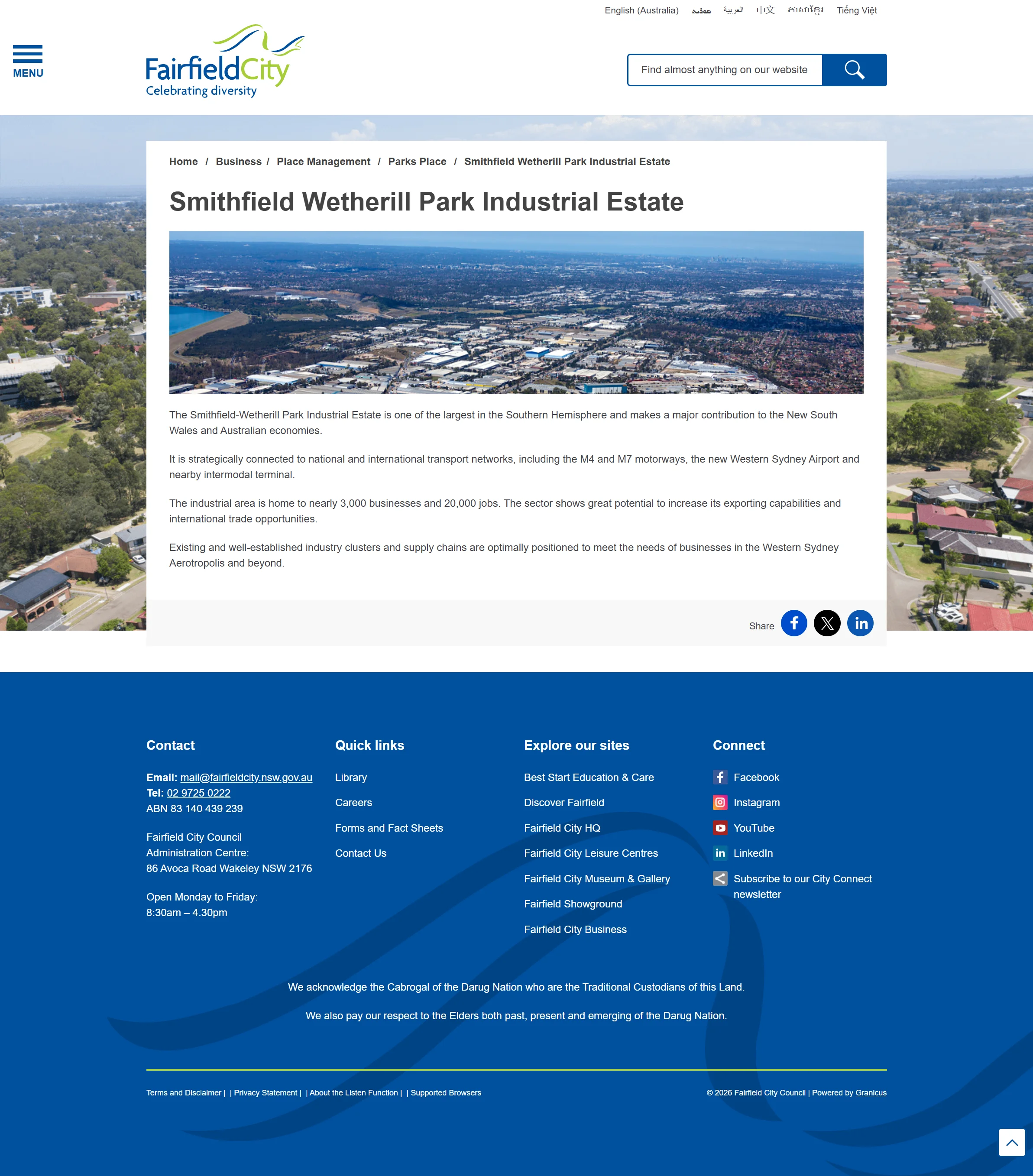 Fairfield City Council webpage about the Smithfield-Wetherill Park Industrial Estate, showing a basic text description