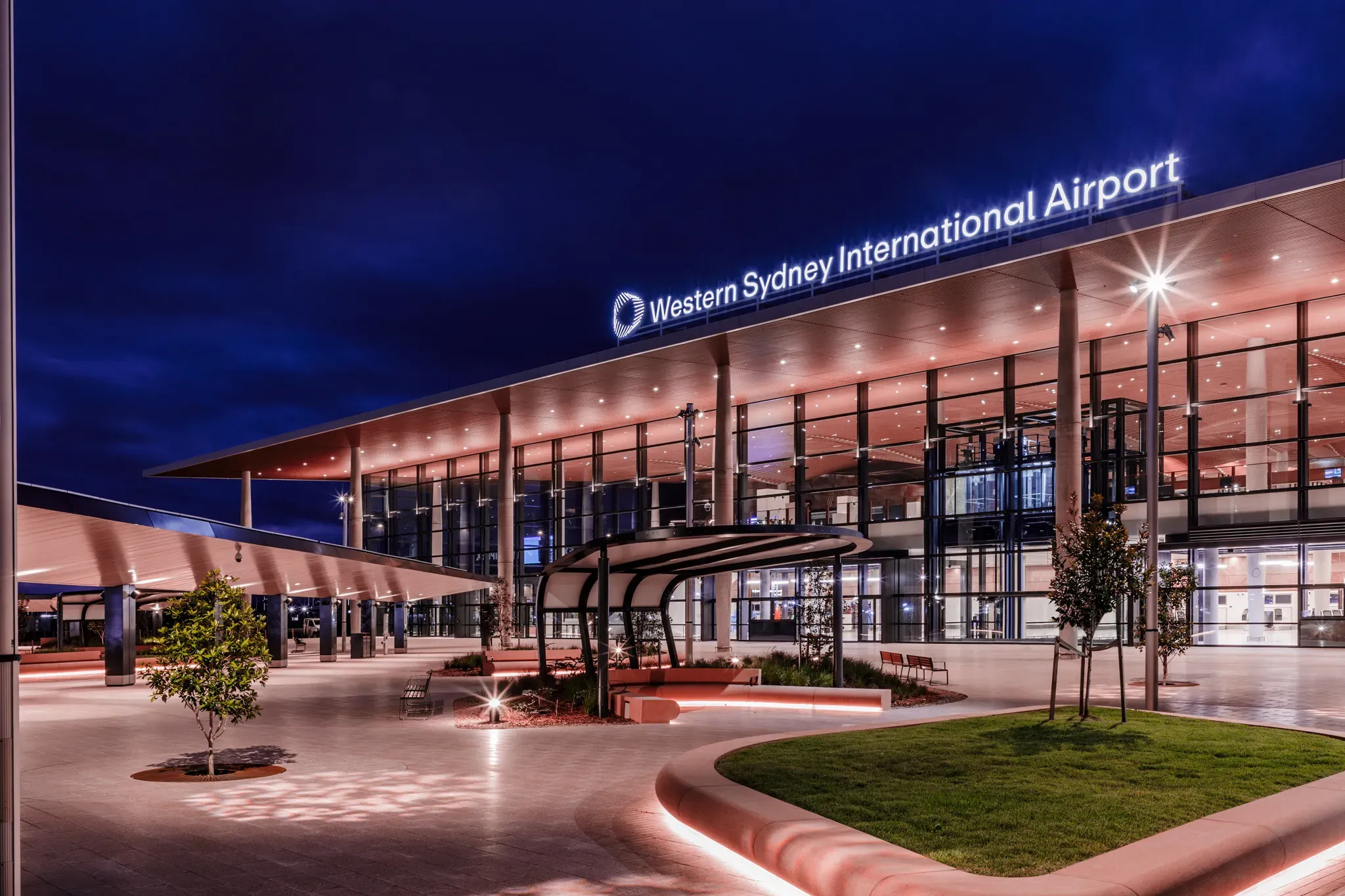 Western Sydney International Airport terminal building at night