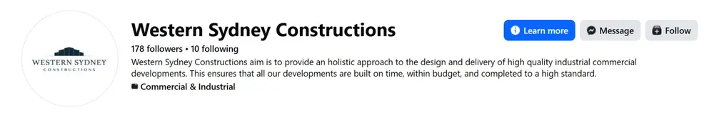 Western Sydney Constructions Facebook profile showing 178 followers